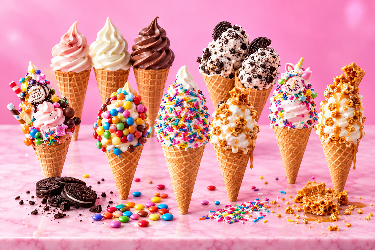 A colourful selection of Dairy Den soft serve ice cream cones
