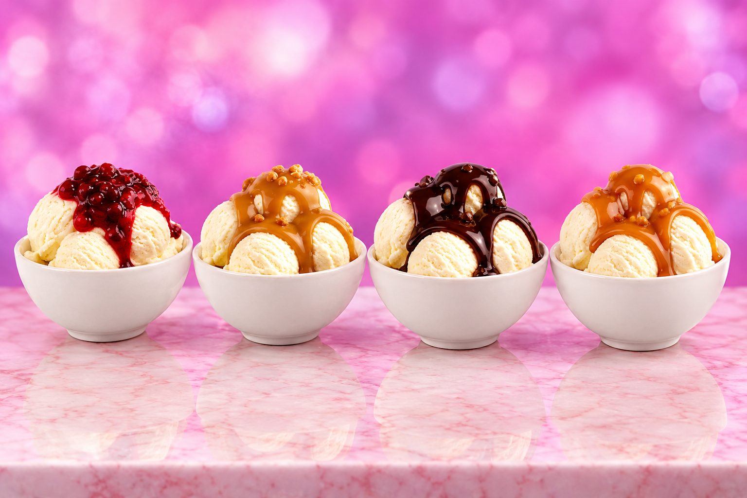 Bowls of Dairy Den ice cream finished with different sauces